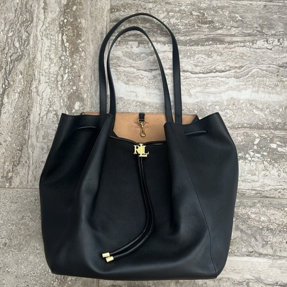 Lauren Ralph Lauren Andie Large Leather Drawstring Tote in Black, New - Picture 5 of 16